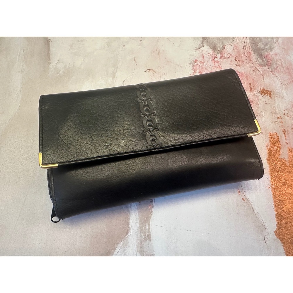 Vtg Black Embossed Genuine Leather Wallet Coin Section Checkbook READ Retro 80s